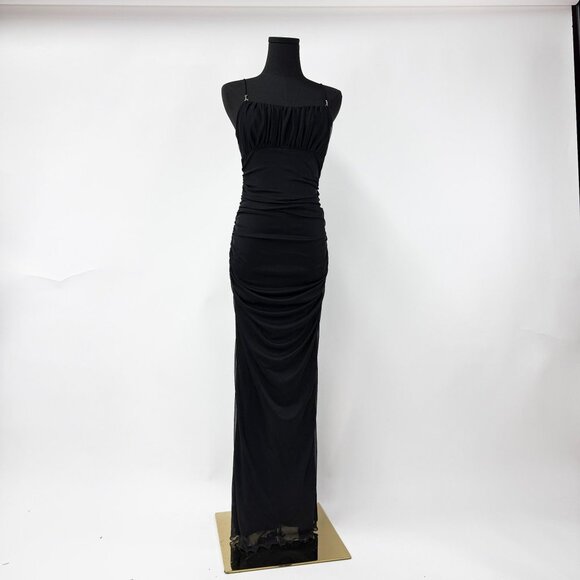 VINTAGE 90S STYLE BLACK RUCHED LONG MAXI DRESS - Picture 1 of 14